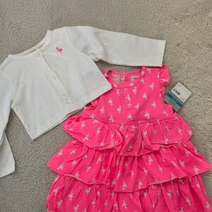 Carter's Pink Flamingo Ruffle Dress with White Cardigan